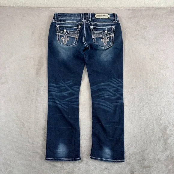 Rock Revival Avery Straight Jeans Western Rock Bling Embellished Women 31 Blue - Picture 1 of 12